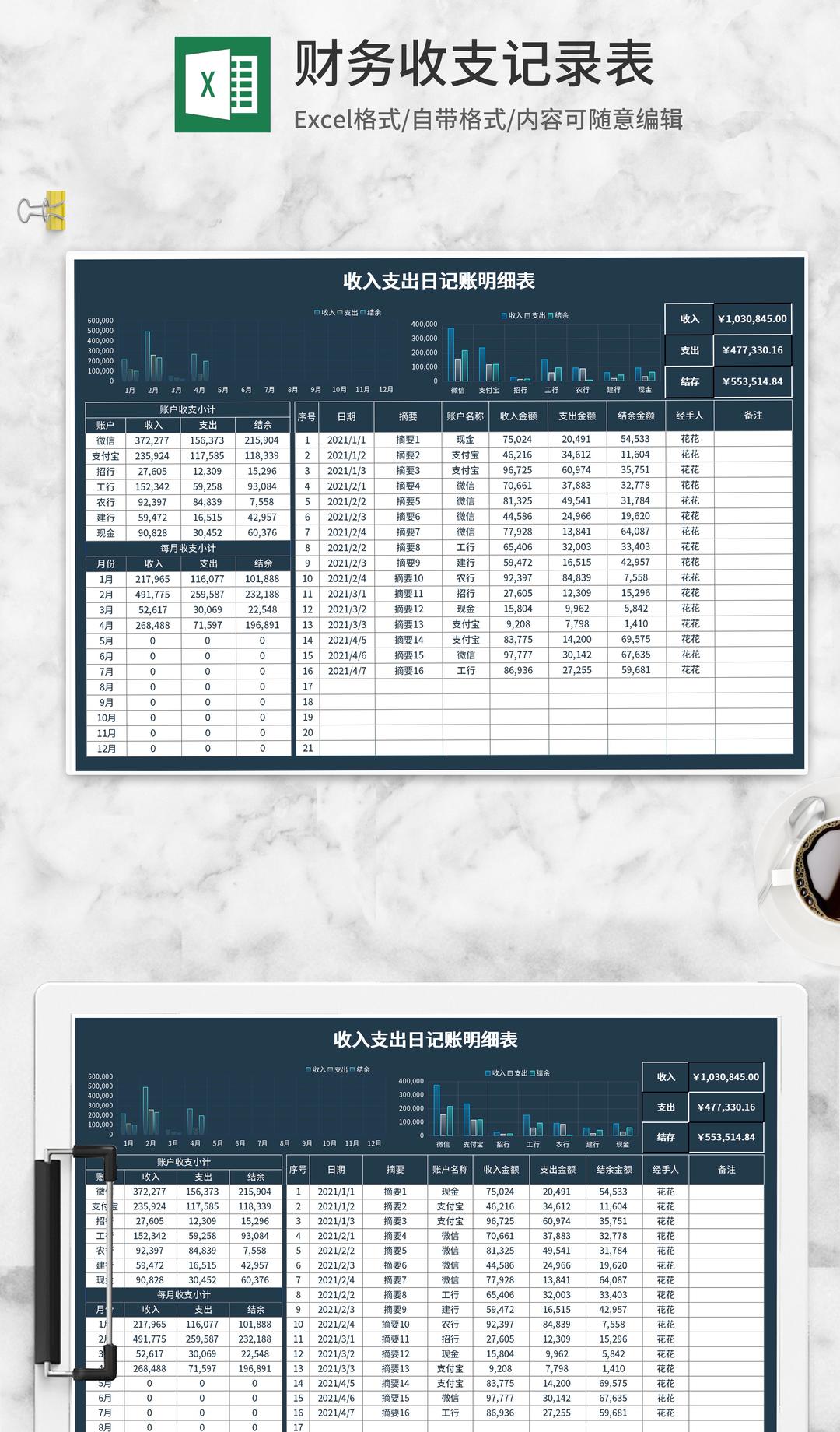 深蓝收入支出日记账明细表Excel模板