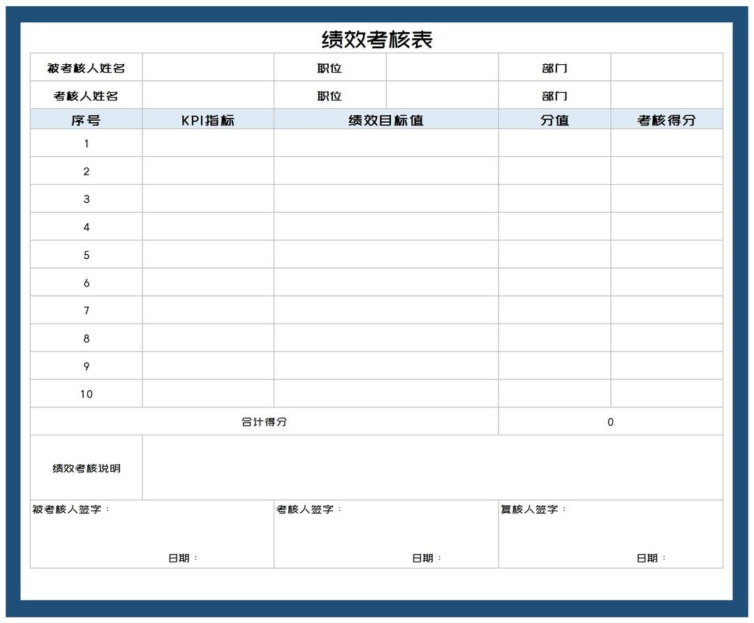 深蓝公司岗位绩效考核表Excel模板