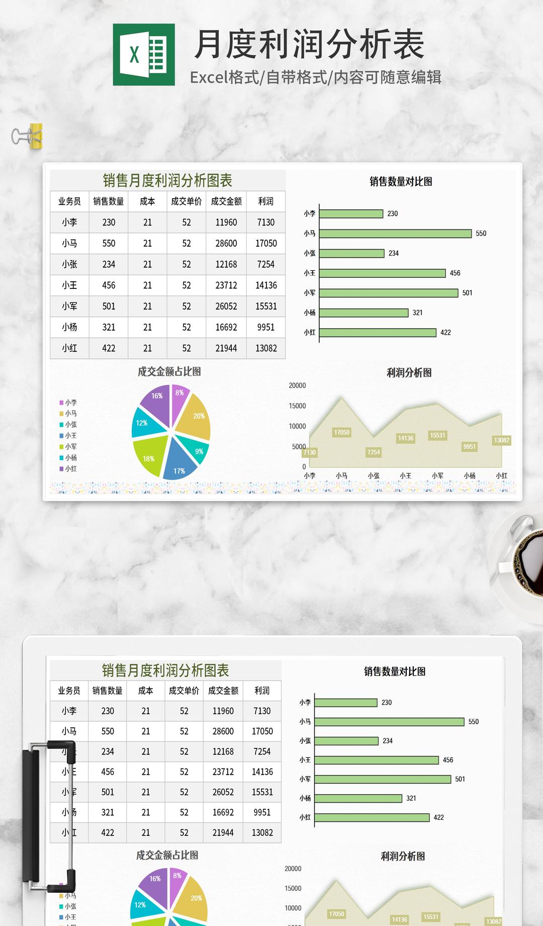 销售月度利润分析图表Excel模板