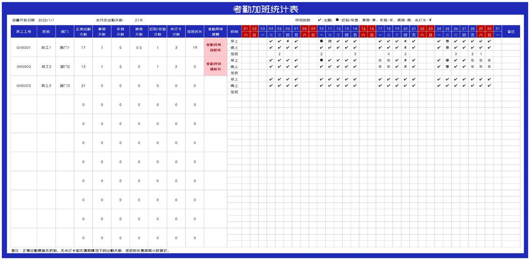 月度部门考勤加班统计表Excel模板