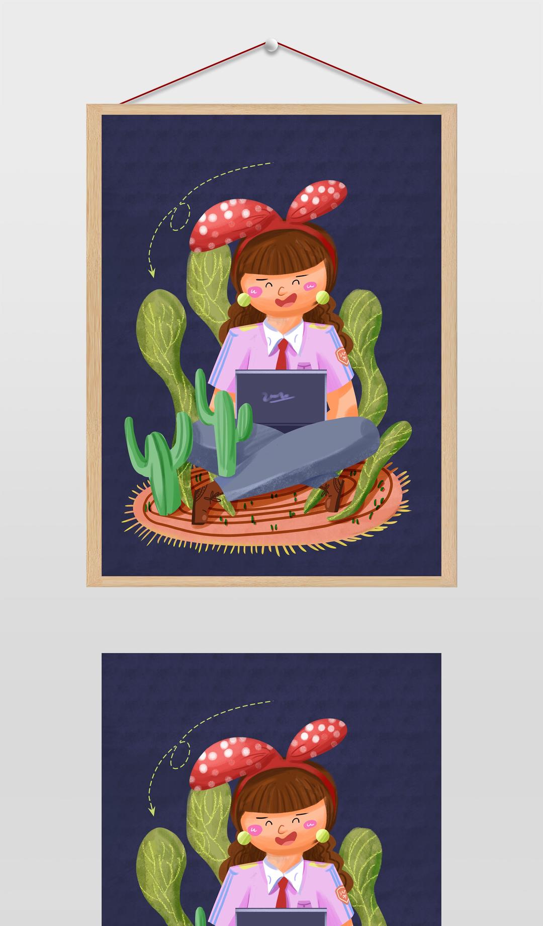 可爱少女办公场景插画