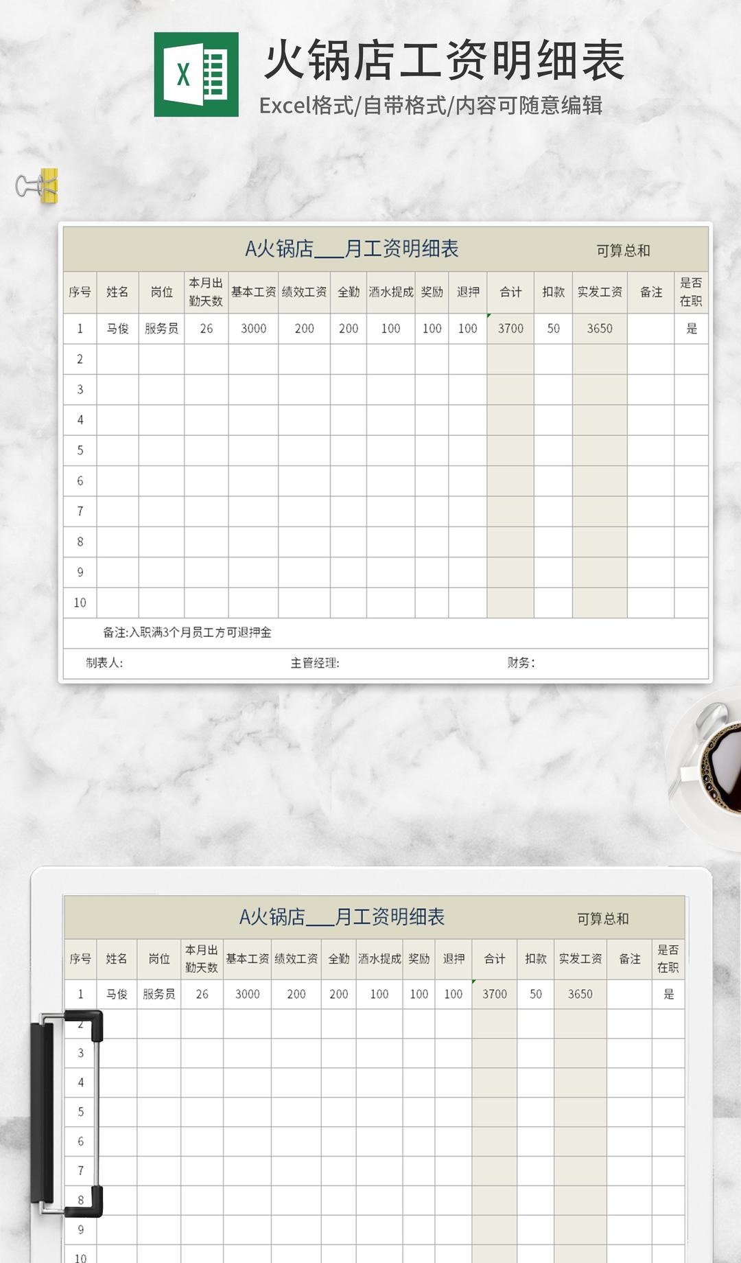 火锅店工资明细表Excel模板