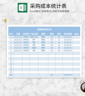 简约蓝色采购成本统计表Excel模板