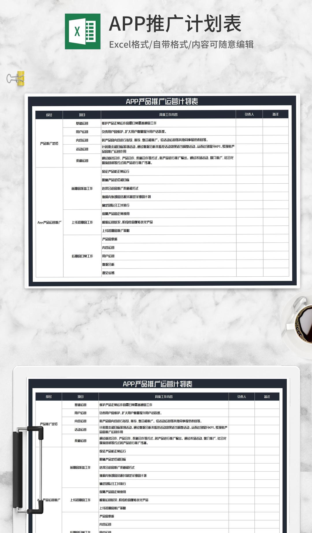APP产品推广运营计划表Excel模板