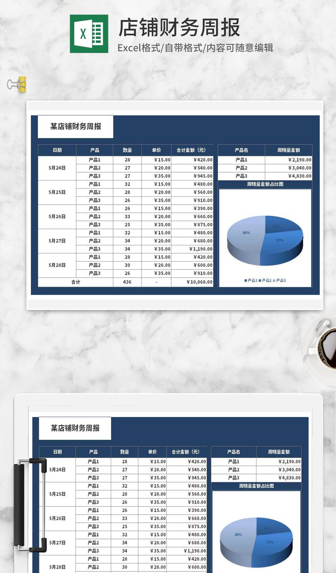 蓝色店铺产品销售财务周报Excel模板