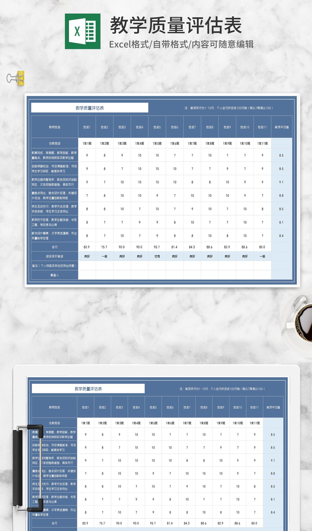 教师教学质量评估表Excel模板