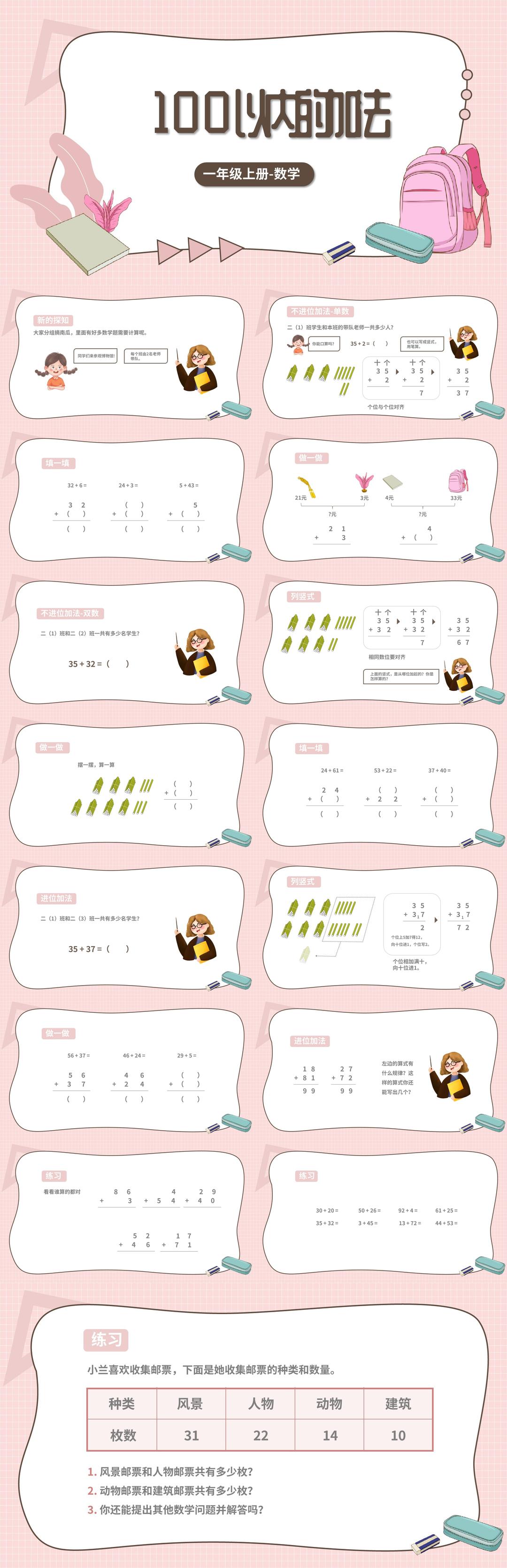 小清新粉嫩一年级《加法》运算课件PPT模板