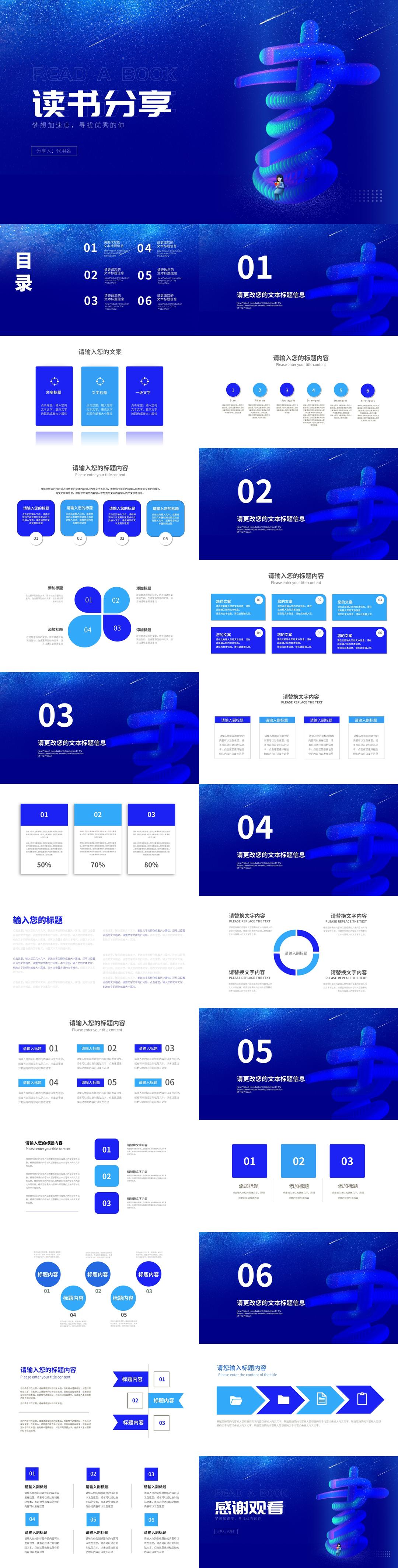 深蓝渐变风流星读书分享汇报PPT模板
