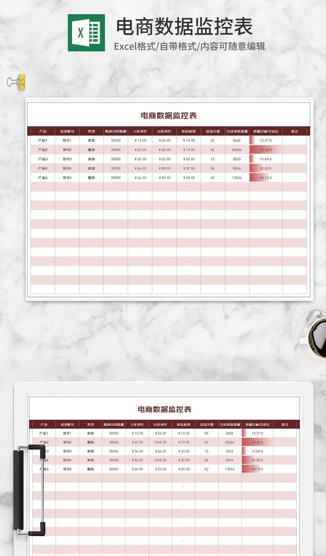 美妆产品电商数据监控表Excel模板