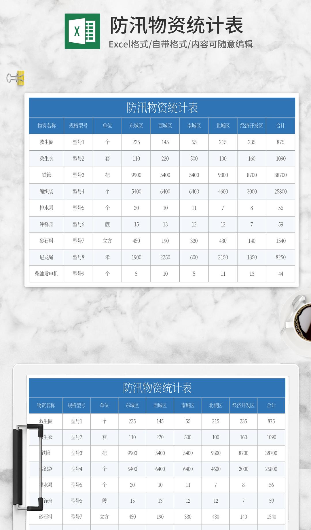 蓝色防汛物资统计表Excel模板