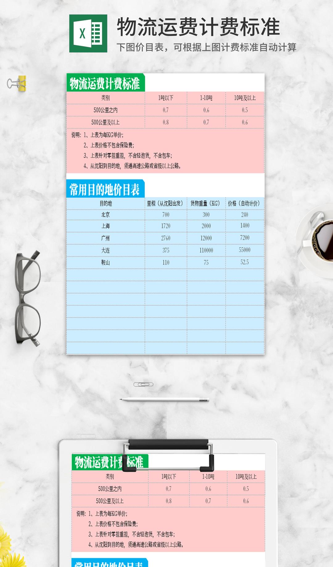 物流运费计费标准Excel模板