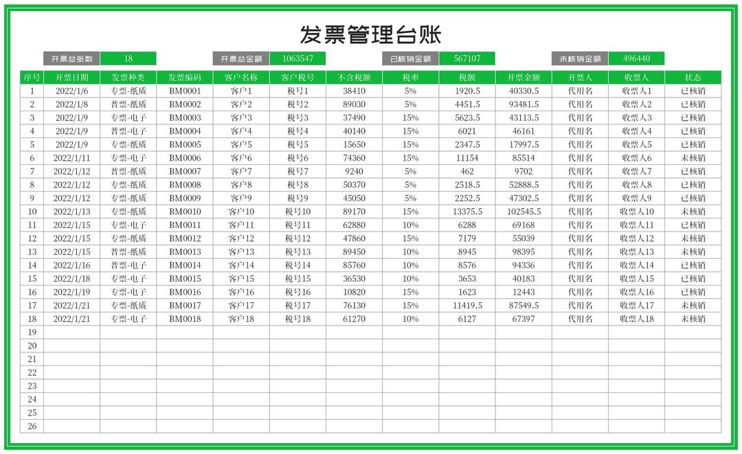 绿色客户发票管理台账Excel模板