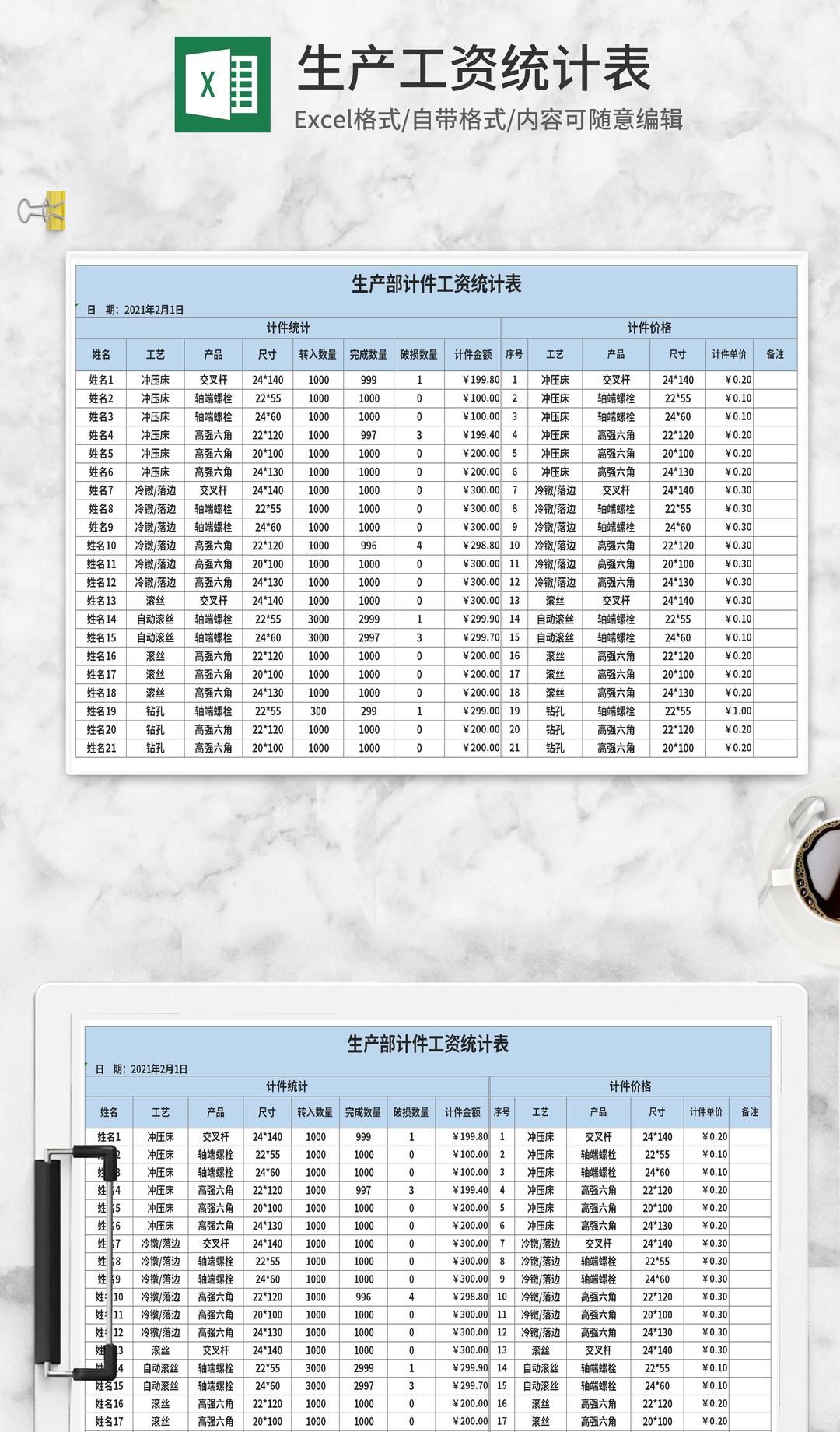 蓝色生产计件工资统计表Excel模板