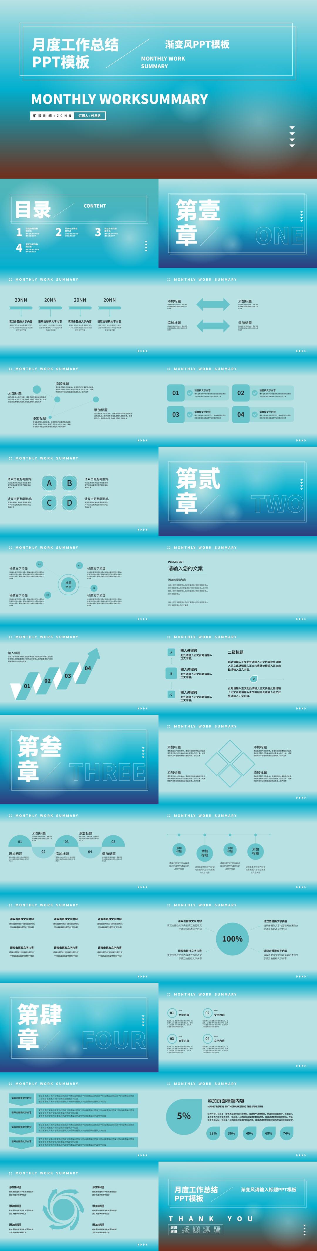 青色渐变风月度总结汇报PPT模板