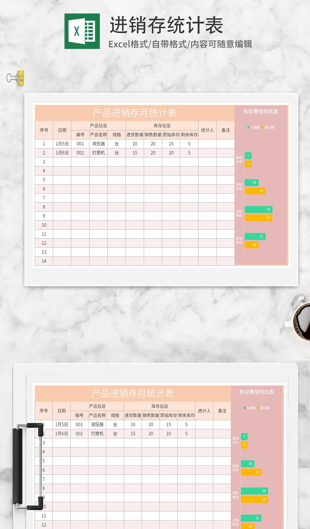 橘色产品进销存月统计表Excel模板