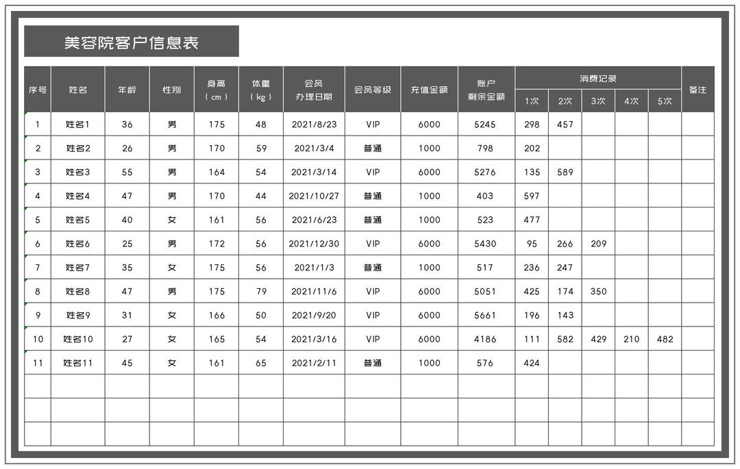 商务风灰色美容院客户信息表Excel模板