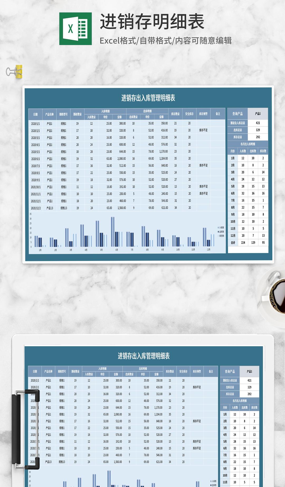 蓝色进销存明细表Excel模板