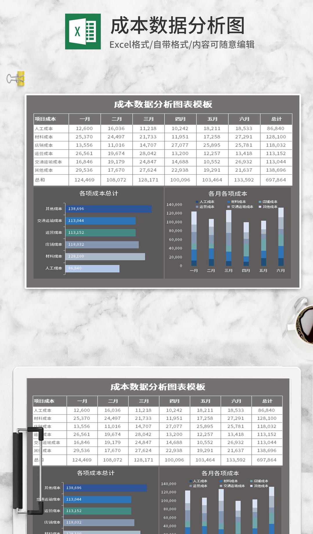 灰色成本数据分析图Excel模板