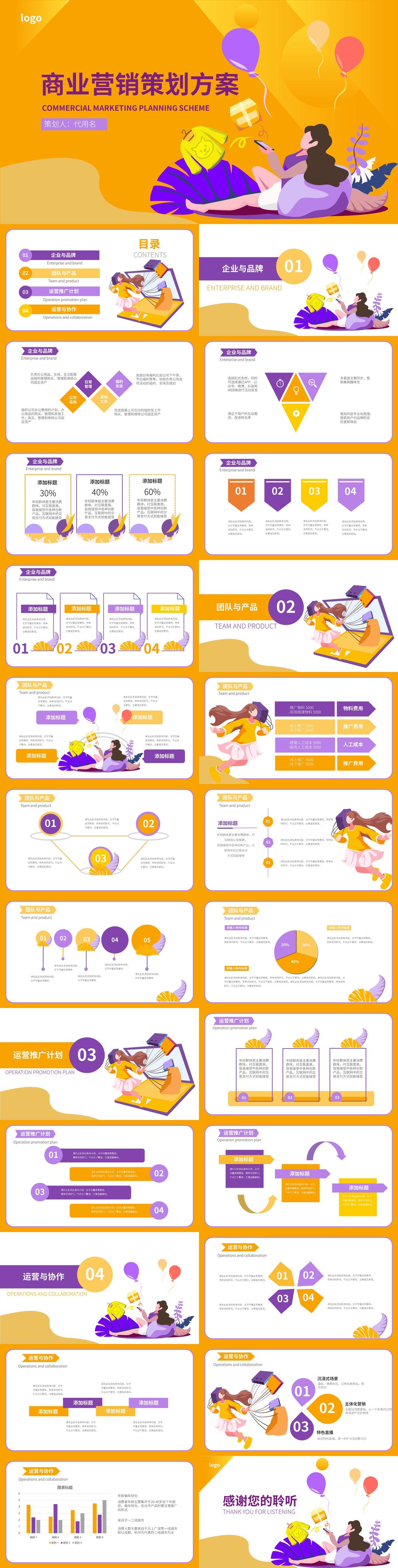 橙色卡通简约商业营销策划方案PPT模板