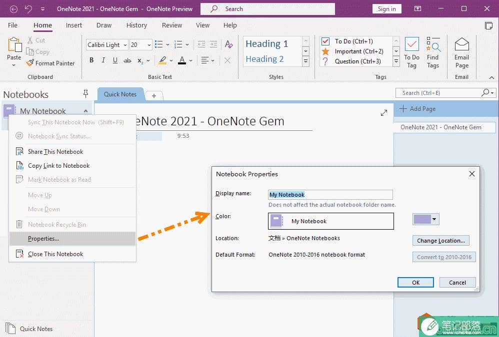 如何在 OneNote 2021 中修改 OneNote 的笔记本名称？