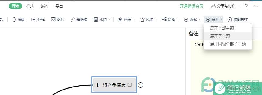 WPS PPT中一键打开思维导图子主题的方法