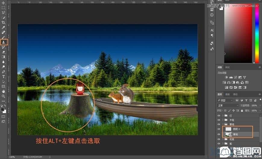 Photoshop合成森林中马灯下的小动物