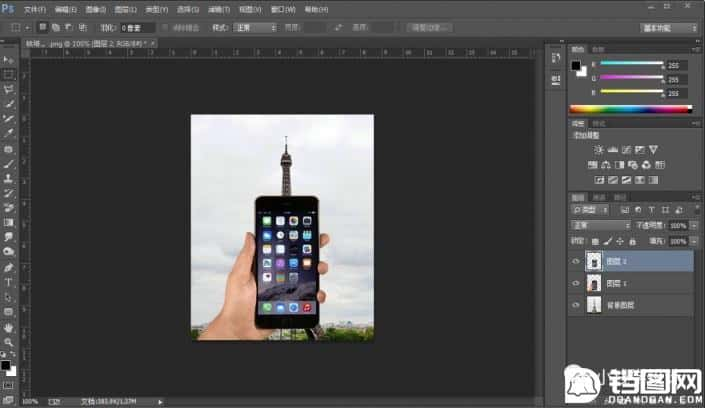 Photoshop制作巴黎铁塔钻出手机屏幕效果