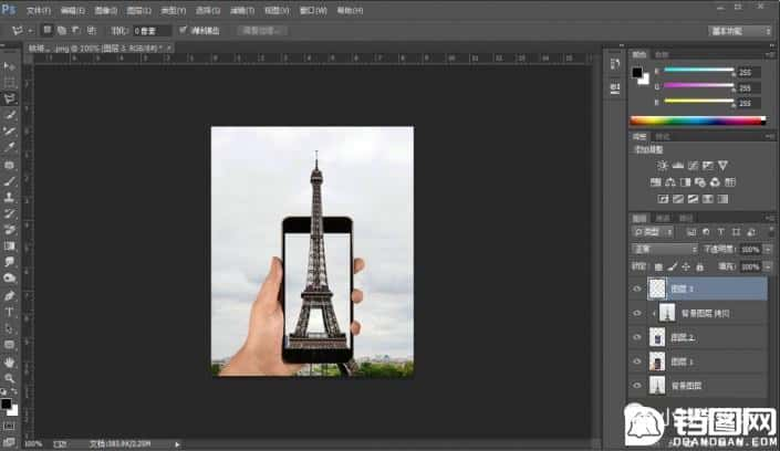 Photoshop制作巴黎铁塔钻出手机屏幕效果