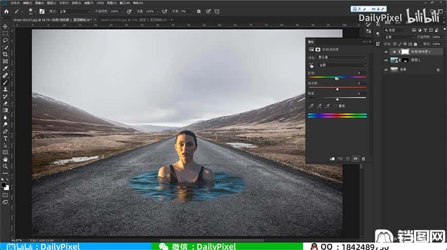 Photoshop合成在马路上游泳的美女