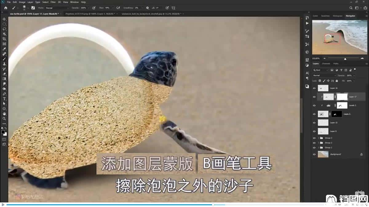 Photoshop合成海边海龟和被掀起的海浪场景