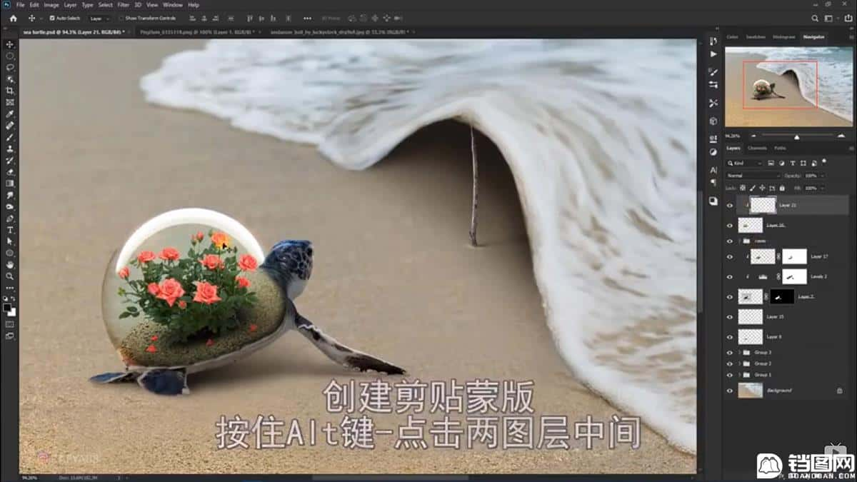 Photoshop合成海边海龟和被掀起的海浪场景