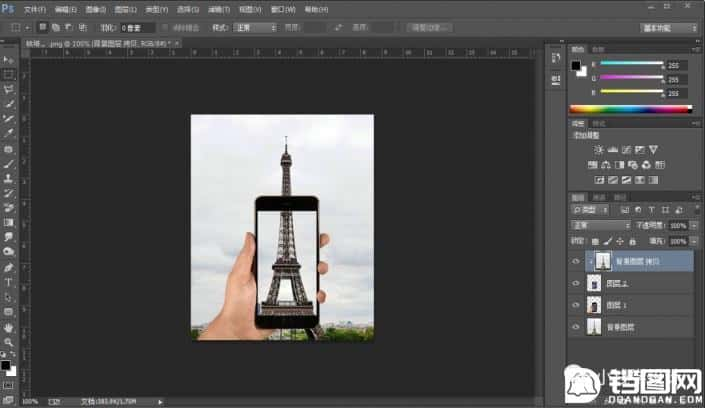 Photoshop制作巴黎铁塔钻出手机屏幕效果