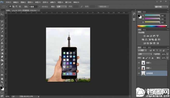 Photoshop制作巴黎铁塔钻出手机屏幕效果