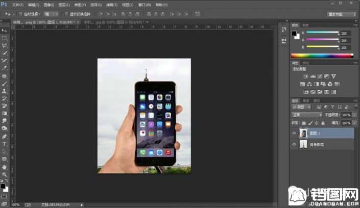 Photoshop制作巴黎铁塔钻出手机屏幕效果