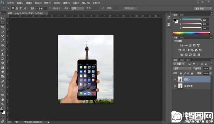 Photoshop制作巴黎铁塔钻出手机屏幕效果