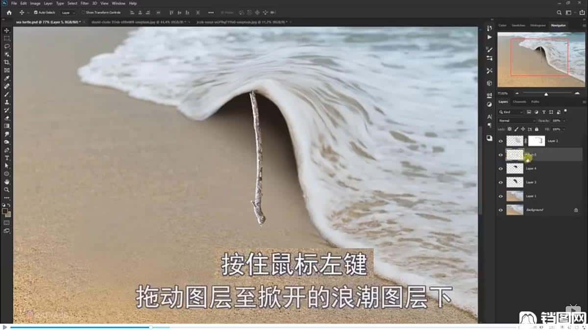 Photoshop合成海边海龟和被掀起的海浪场景