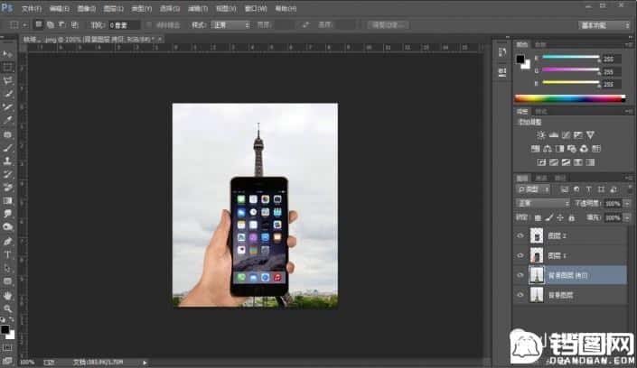 Photoshop制作巴黎铁塔钻出手机屏幕效果