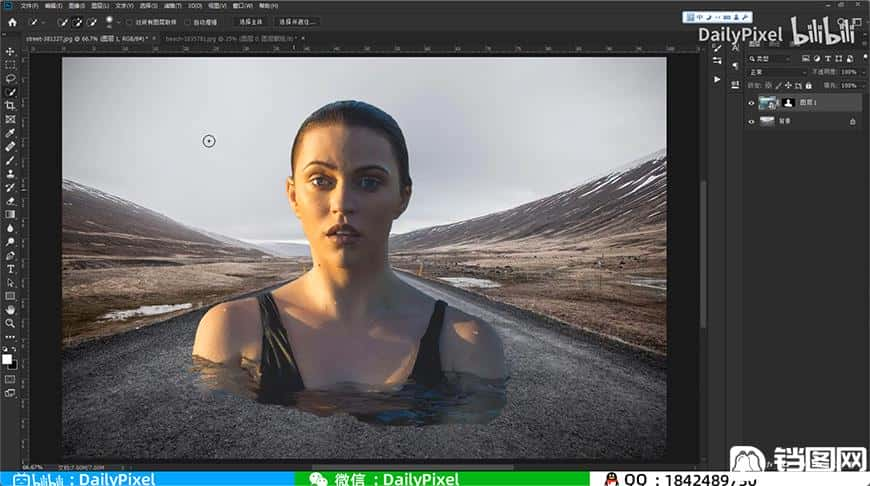 Photoshop合成在马路上游泳的美女